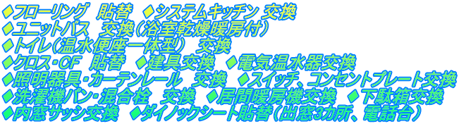 ♦フローリング　貼替　♦システムキッチン 交換　 ♦ユニットバス　交換（浴室乾燥暖房付）　 ♦トイレ（温水便座一体型）　交換　 ♦クロス・CF　貼替　♦建具交換　♦電気温水器交換 ♦照明器具・カーテンレール　交換　♦スイッチ、コンセントプレート交換 ♦洗濯機パン・混合栓　交換　♦居間暖房機交換　♦下駄箱交換 ♦内窓サッシ交換　♦ダイノックシート貼替（出窓3カ所、電話台）