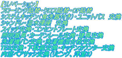 【リノベーション】 フローリング貼替・クロス貼替・CF貼替 システムキッチン（食洗器付き）・ユニットバス　交換 シャンドレ・温水便座　交換 スイッチ交換・コンセントプレート交換 照明器具・カーテンレール交換・建具交換 洗濯機パン交換・洗濯機混合栓交換 TES交換・下駄箱交換・キッチンカウンター交換 内窓ペアサッシ交換（リビング、洋室3）